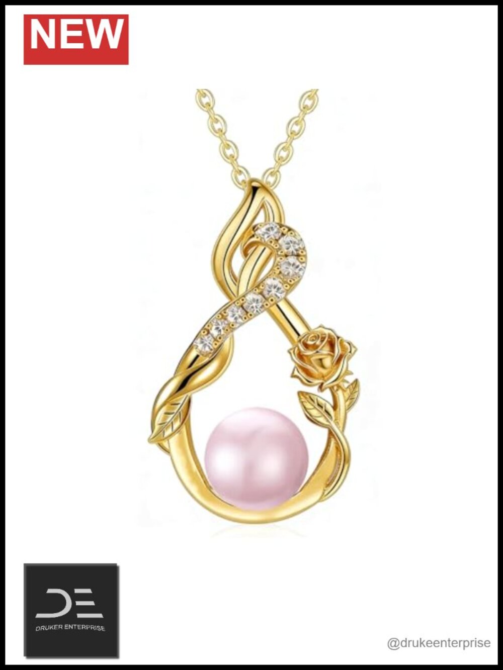 18K Gold Plated Teardrop Pearl Pendant Necklace with Rose Design